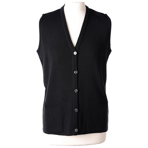 Sleeveless black cardigan In Primis for nuns, V-neck and pockets, 50% merino wool 50% acrylic 1