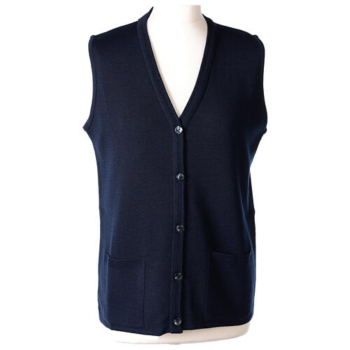 Sleeveless blue cardigan In Primis for nuns, V-neck and pockets, 50% merino wool 50% acrylic 1