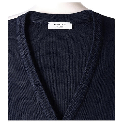 Sleeveless blue cardigan In Primis for nuns, V-neck and pockets, 50% merino wool 50% acrylic 7