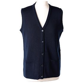 Blue V-neck sleeveless nun cardigan with pockets 50% acrylic 50% merino wool In Primis
