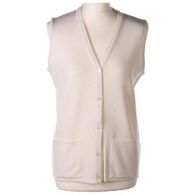Sleeveless white cardigan In Primis for nuns, V-neck and pockets, 50% merino wool 50% acrylic
