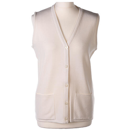 Sleeveless white cardigan In Primis for nuns, V-neck and pockets, 50% merino wool 50% acrylic 1