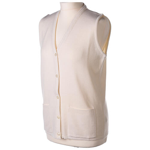 Sleeveless white cardigan In Primis for nuns, V-neck and pockets, 50% merino wool 50% acrylic 3