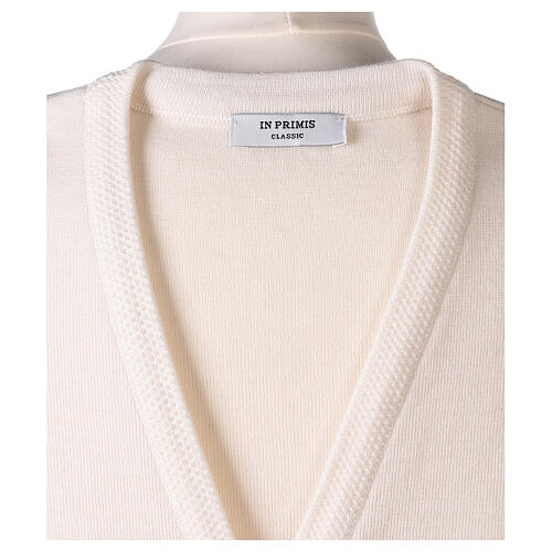 Sleeveless white cardigan In Primis for nuns, V-neck and pockets, 50% merino wool 50% acrylic 7