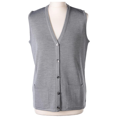 Sleeveless pearl grey cardigan In Primis for nuns, V-neck and pockets, 50% merino wool 50% acrylic 1