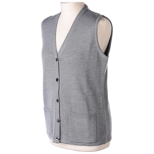 Sleeveless pearl grey cardigan In Primis for nuns, V-neck and pockets, 50% merino wool 50% acrylic 3
