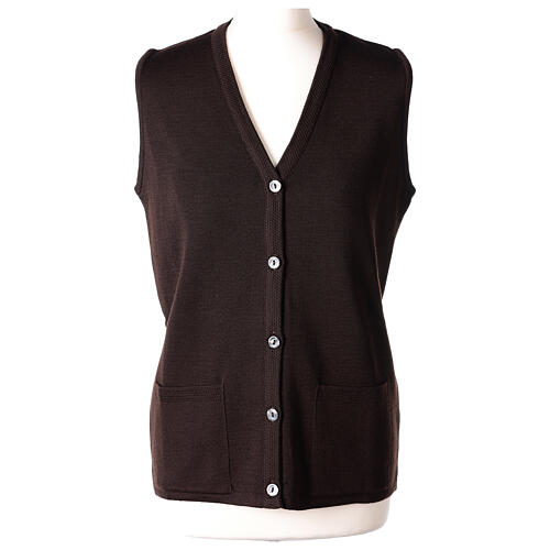 Sleeveless brown cardigan In Primis for nuns, V-neck and pockets, 50% merino wool 50% acrylic 1