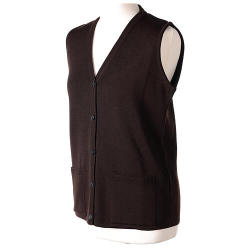 Sleeveless brown cardigan In Primis for nuns, V-neck and pockets, 50% merino wool 50% acrylic 3