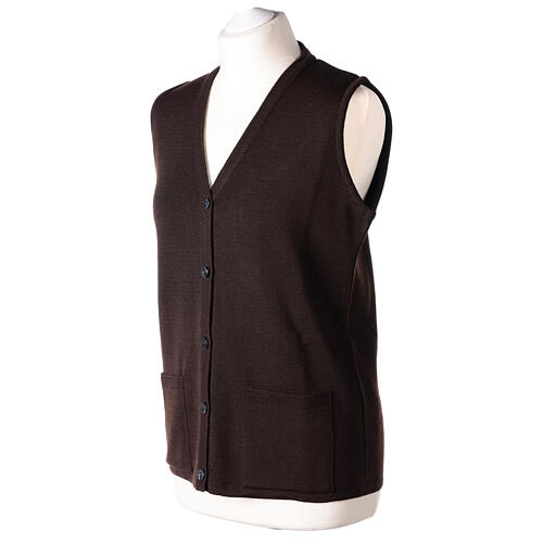 Sleeveless brown cardigan In Primis for nuns, V-neck and pockets, 50% merino wool 50% acrylic 3
