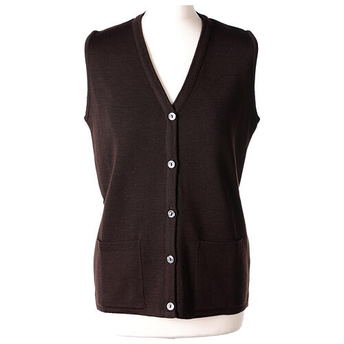 Gilet marron pour soeur avec poches col en V 50% acrylique 50% laine mérinos In Primis 1