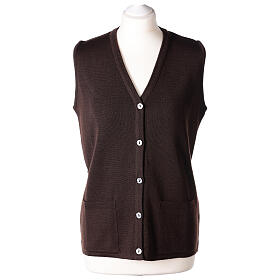 Brown V-neck sleeveless nun cardigan with pockets 50% acrylic 50% merino wool In Primis