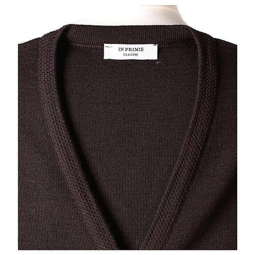 Brown V-neck sleeveless nun cardigan with pockets 50% acrylic 50% merino wool In Primis 7