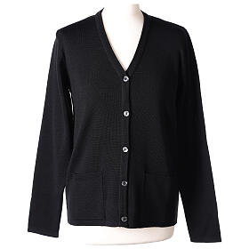Black nun cardigan In Primis, V-neck and pockets, plain fabric, 50% merino wool 50% acrylic