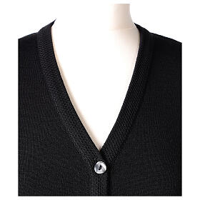 Black nun cardigan In Primis, V-neck and pockets, plain fabric, 50% merino wool 50% acrylic