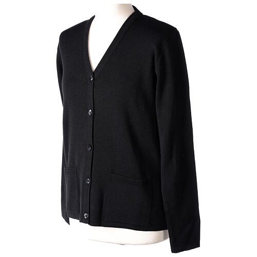Black nun cardigan In Primis, V-neck and pockets, plain fabric, 50% merino wool 50% acrylic 3