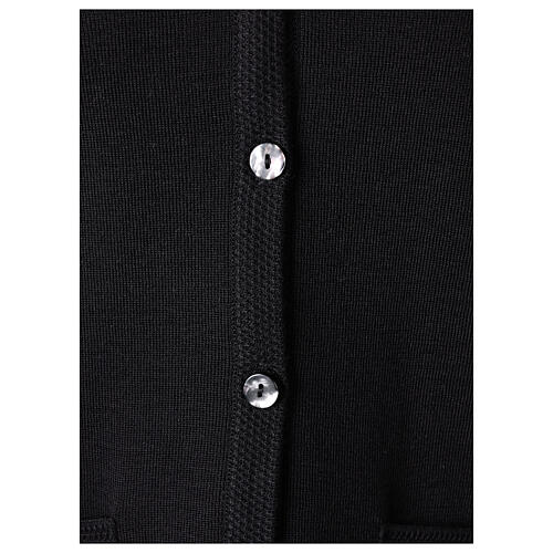 Black nun cardigan In Primis, V-neck and pockets, plain fabric, 50% merino wool 50% acrylic 4