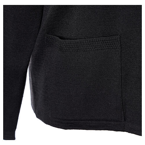 Black nun cardigan In Primis, V-neck and pockets, plain fabric, 50% merino wool 50% acrylic 5