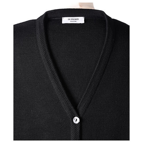 Black nun cardigan In Primis, V-neck and pockets, plain fabric, 50% merino wool 50% acrylic 7