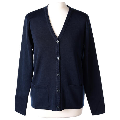 Blue nun cardigan In Primis, V-neck and pockets, plain fabric, 50% merino wool 50% acrylic 1