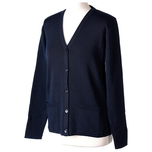 Blue nun cardigan In Primis, V-neck and pockets, plain fabric, 50% merino wool 50% acrylic 3