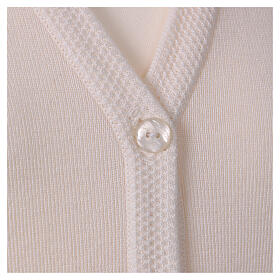 White nun cardigan In Primis, V-neck and pockets, plain fabric, 50% merino wool 50% acrylic
