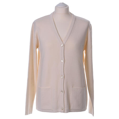 White nun cardigan In Primis, V-neck and pockets, plain fabric, 50% merino wool 50% acrylic 1
