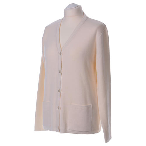 White nun cardigan In Primis, V-neck and pockets, plain fabric, 50% merino wool 50% acrylic 3
