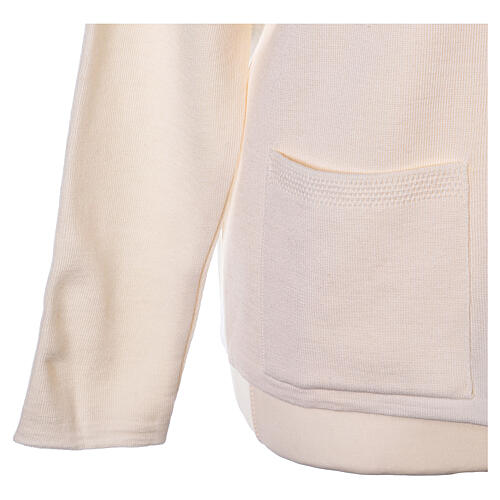 White nun cardigan In Primis, V-neck and pockets, plain fabric, 50% merino wool 50% acrylic 11