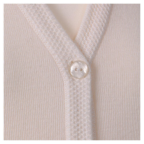 Casaco de malha branco decote em V para freira com bolsos, 50% acrílico e 50% lã de merino, linha "In Primis" 2