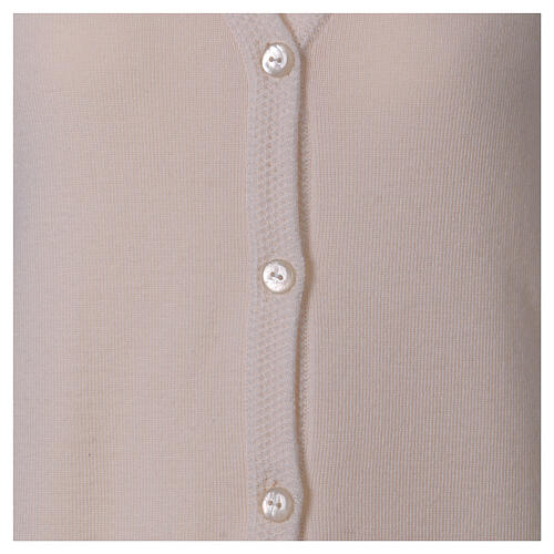 Casaco de malha branco decote em V para freira com bolsos, 50% acrílico e 50% lã de merino, linha "In Primis" 5