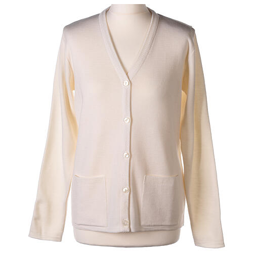 Casaco de malha branco decote em V para freira com bolsos, 50% acrílico e 50% lã de merino, linha "In Primis" 7