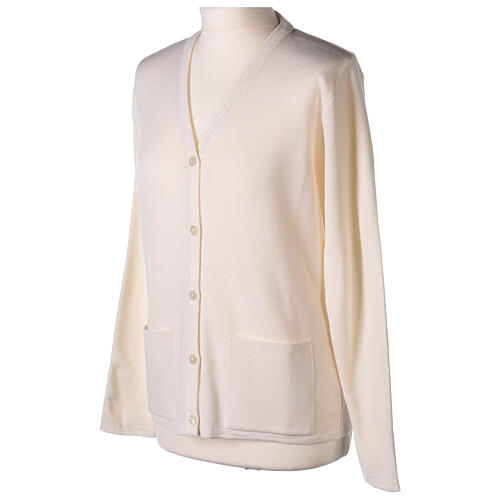 Casaco de malha branco decote em V para freira com bolsos, 50% acrílico e 50% lã de merino, linha "In Primis" 9