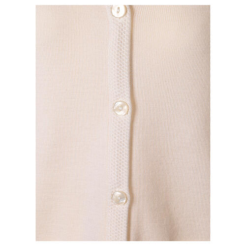 Casaco de malha branco decote em V para freira com bolsos, 50% acrílico e 50% lã de merino, linha "In Primis" 10