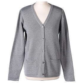 Damen-Cardigan, perlgrau, mit Taschen und V-Ausschnitt, 50% Acryl - 50% Merinowolle, In Primis