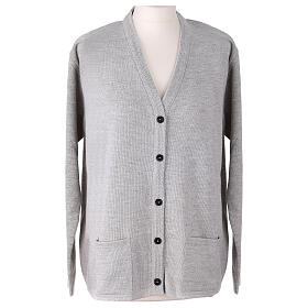 Pearl grey nun cardigan In Primis, V-neck and pockets, plain fabric, 50% merino wool 50% acrylic