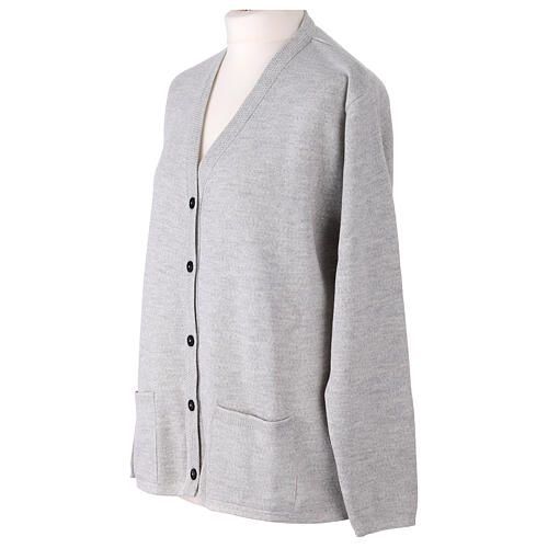 Pearl grey nun cardigan In Primis, V-neck and pockets, plain fabric, 50% merino wool 50% acrylic 2
