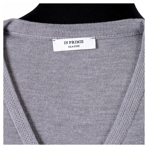 Pearl grey nun cardigan In Primis, V-neck and pockets, plain fabric, 50% merino wool 50% acrylic 4