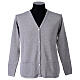Pearl grey nun cardigan In Primis, V-neck and pockets, plain fabric, 50% merino wool 50% acrylic s1