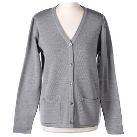 Grey V-neck nun cardigan with pockets 50% acrylic 50% merino wool In Primis