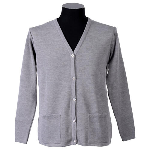 Grey V-neck nun cardigan with pockets 50% acrylic 50% merino wool In Primis 1