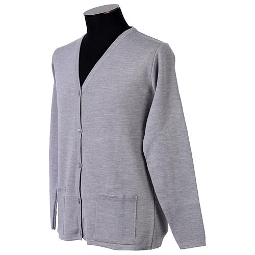 Grey V-neck nun cardigan with pockets 50% acrylic 50% merino wool In Primis 3