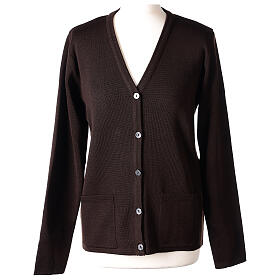 Damen-Cardigan, braun, mit Taschen und V-Ausschnitt, 50% Acryl - 50% Merinowolle, In Primis