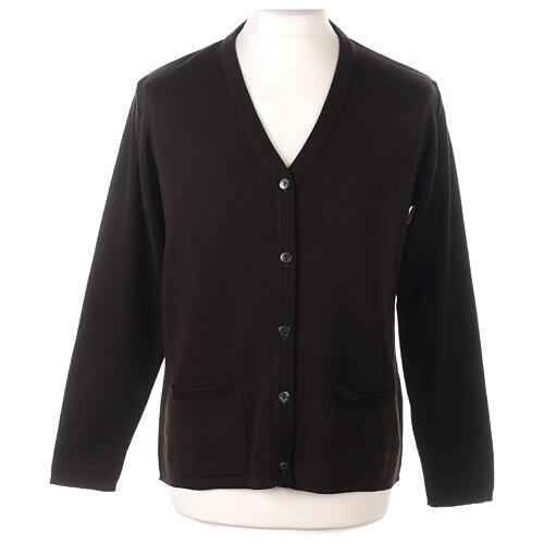 Brown nun cardigan In Primis, V-neck and pockets, plain fabric, 50% merino wool 50% acrylic 1