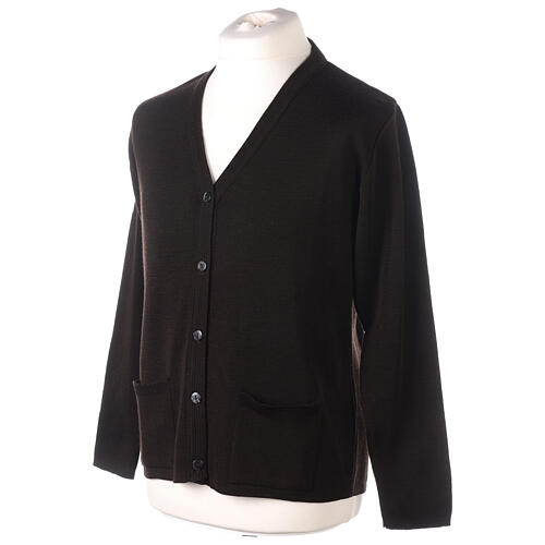 Brown nun cardigan In Primis, V-neck and pockets, plain fabric, 50% merino wool 50% acrylic 3