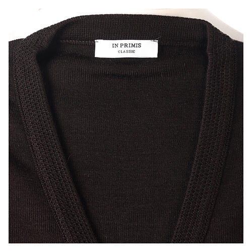 Brown nun cardigan In Primis, V-neck and pockets, plain fabric, 50% merino wool 50% acrylic 5