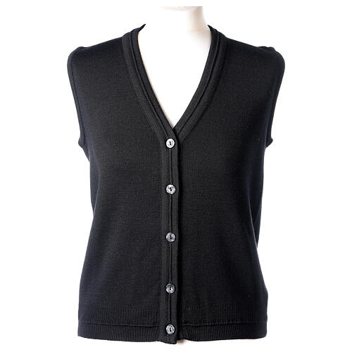 Black short V-neck vest 50% acrylic 50% merino wool for nuns In Primis 1
