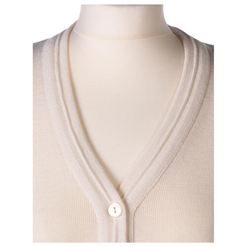 Short white nun cardigan In Primis, sleeveless, V-neck, 50% merino wool 50% acrylic 2