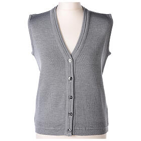 Short pearl grey nun cardigan In Primis, sleeveless, V-neck, 50% merino wool 50% acrylic