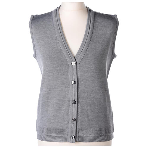 Short pearl grey nun cardigan In Primis, sleeveless, V-neck, 50% merino wool 50% acrylic 1