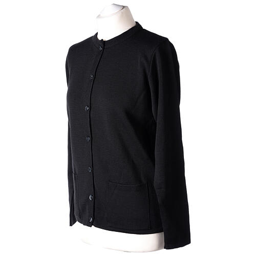 Black crew-neck cardigan In Primis for nuns, pockets, plain fabric, 50% merino wool 50% acrylic 3